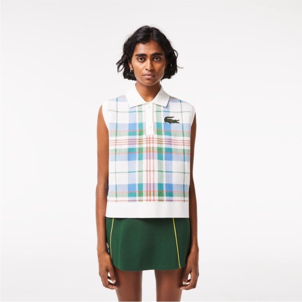 NWT Lacoste Sleeveless Organic Cotton Check Polo vest top sweater shirt izod